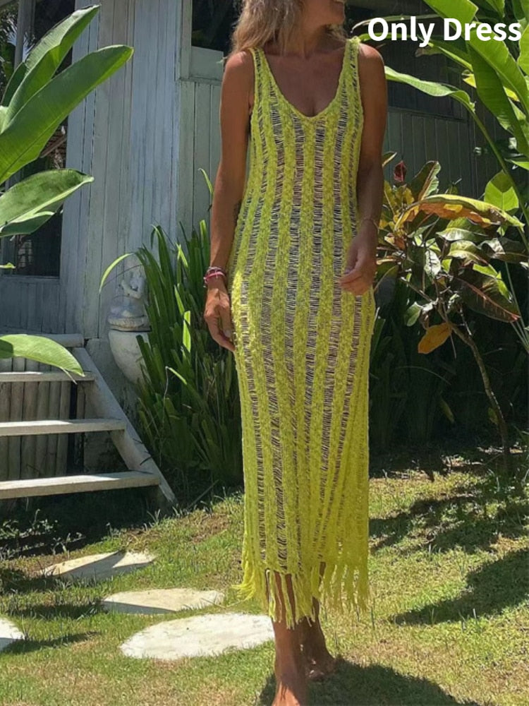 Summer Beach Clothes - Fringe Tassel Knitted Cover Up Cover-ups Beach Wear Sexy Vestidos Hollow Out Robe Long Dress Slit Yellow dress