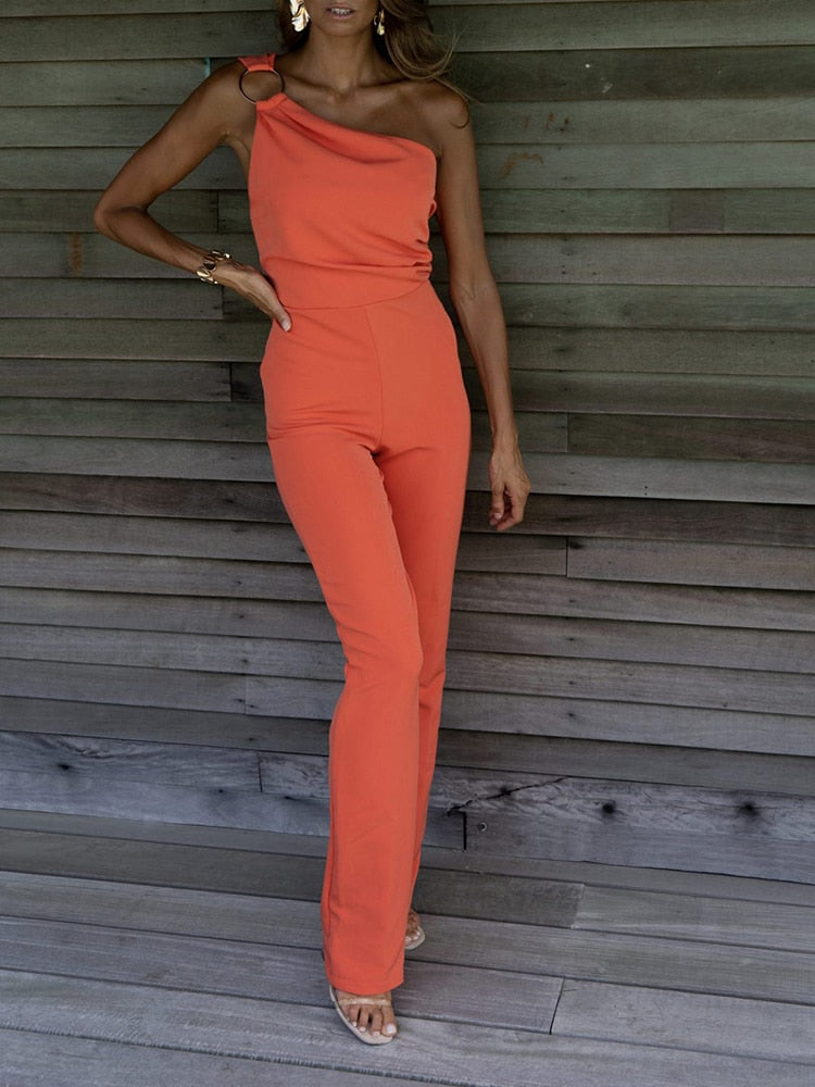 Sexy Backless Sleeveless Jumpsuit Summer Women Elegant Diagonal Collar One Shoulder Playsuits Fashion Solid Slim Ladies Rompers 04 Orange