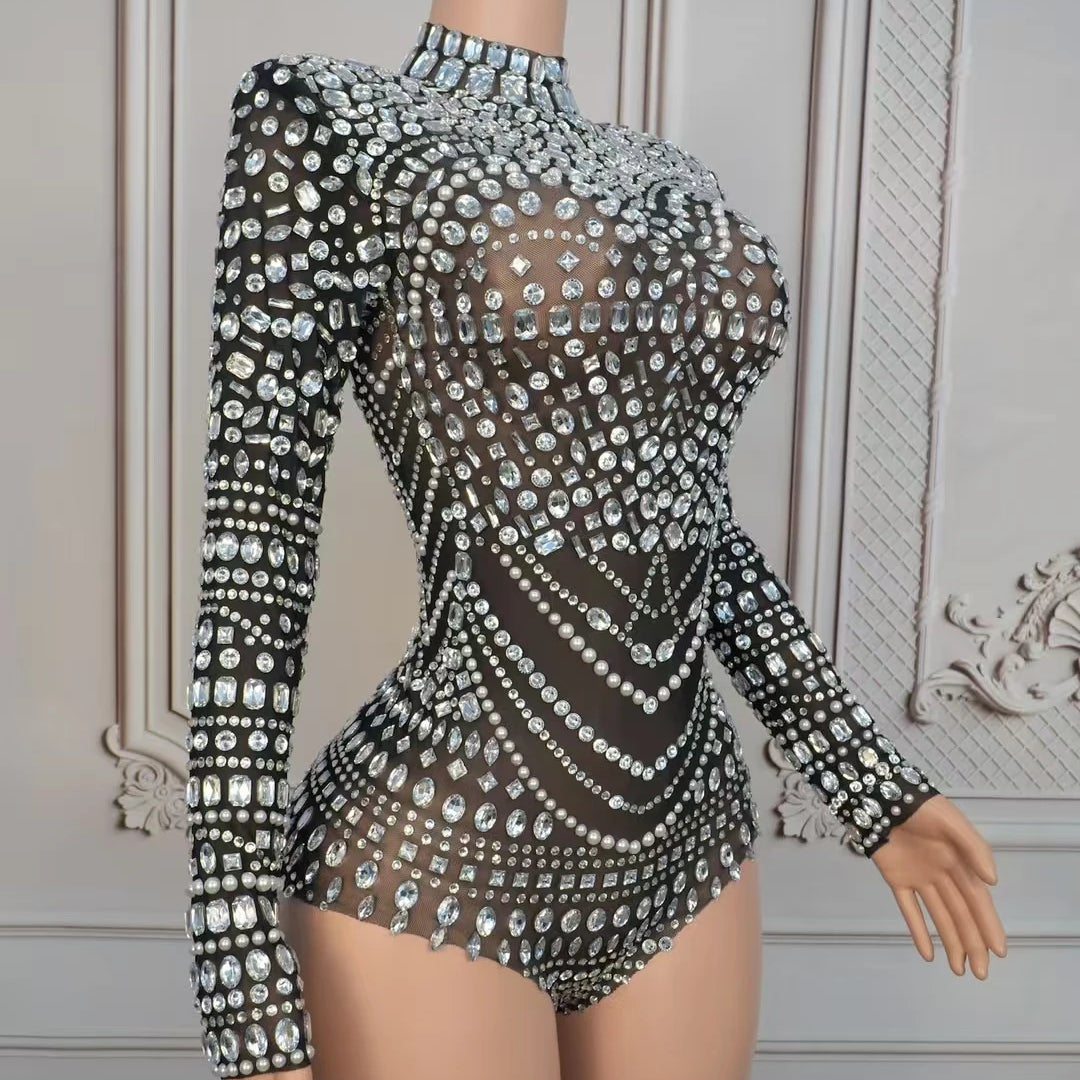 Sparkly Rhinestone Black See Through Mesh Bodysuit Women Sexy Dance Performance Wear Night Party Stage High-end Outfit Heimanba