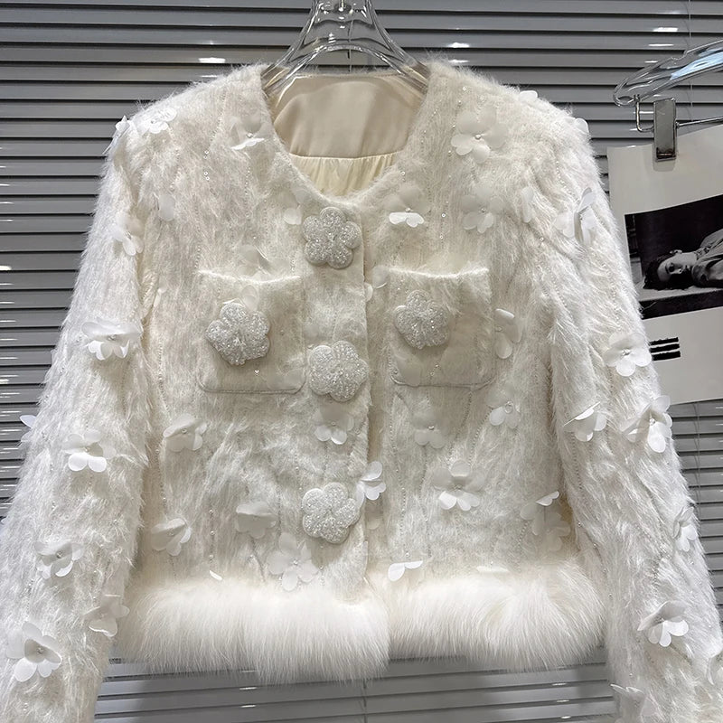 Winter New Fashion Style Fox Fur Sleeve Edge Beaded Flower Button Fluffy Cotton Short Coat For Women Jacket 11A07456