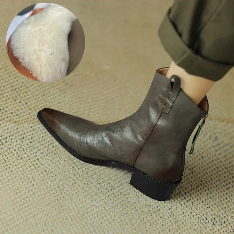 Autumn/winter Women Boots Genuine Leather Western Boots Women Shoes Pointed Toe Chunky Heel Chelsea Boots Retro Ankle Boots Gery-wool inside