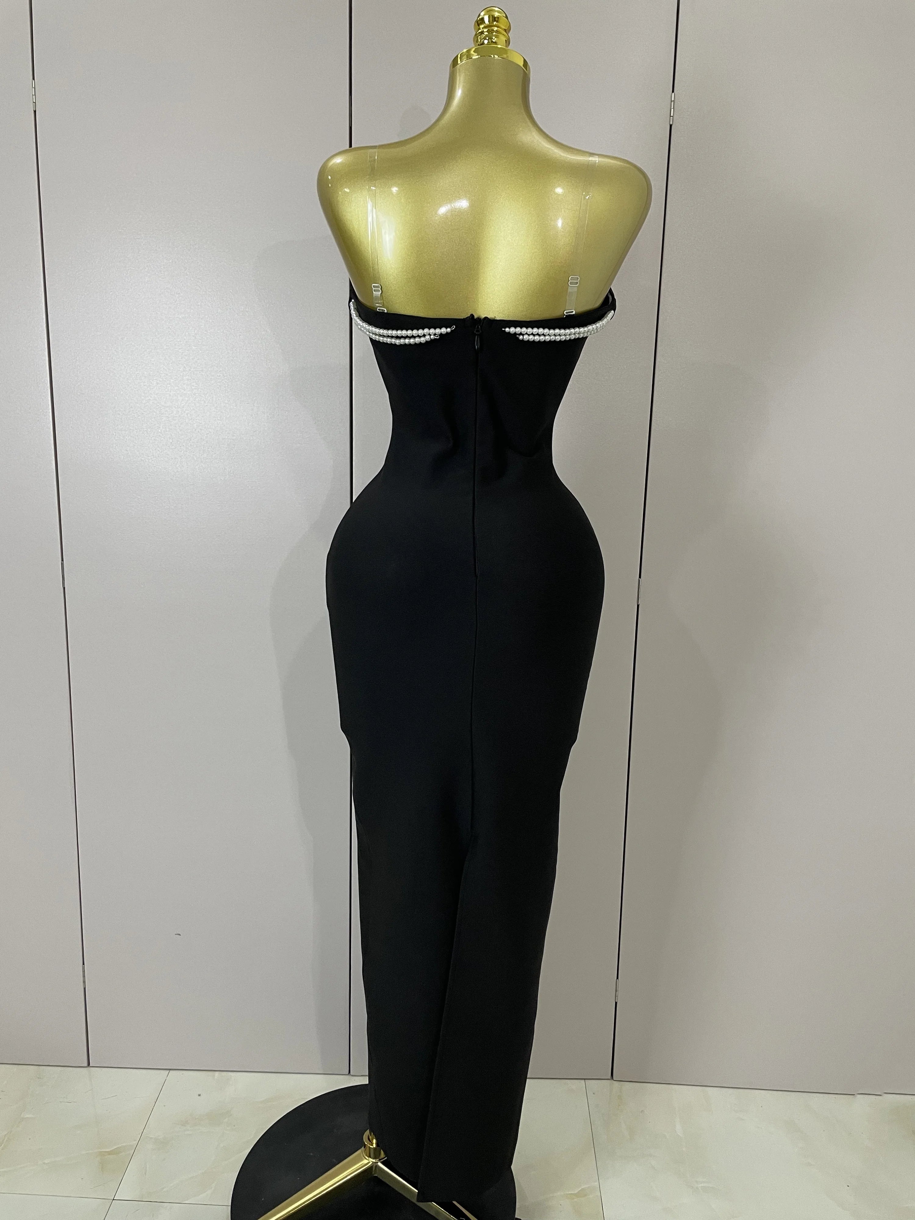 Sexy Backless Strapless Black Beading Long Bandage Bodycon Dress 2025 Women Celebrity Elegant Evening Luxury Birthday Dresses