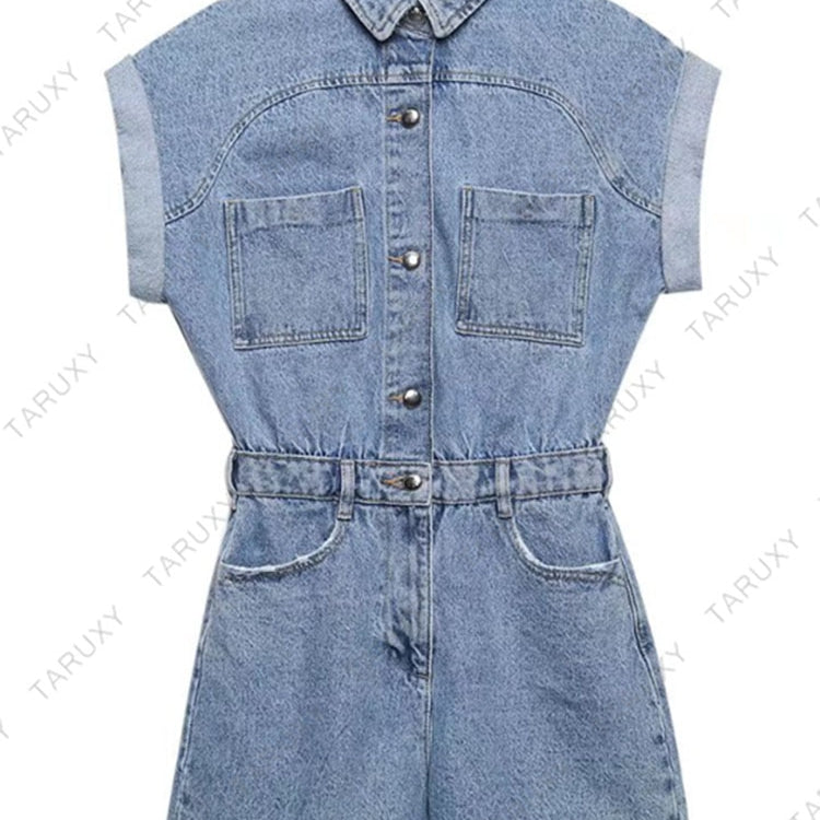 TARUXY Lapel Pocket Denim Jumpsuit Women Sexys Short Sleeve Slim Bodycon Ropa De Mujer Casual Overalls One Piece Womens Clothing