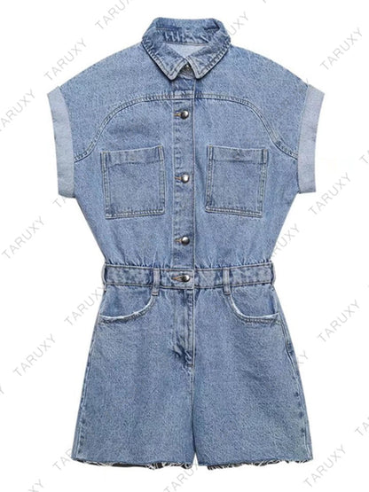 TARUXY Lapel Pocket Denim Jumpsuit Women Sexys Short Sleeve Slim Bodycon Ropa De Mujer Casual Overalls One Piece Womens Clothing
