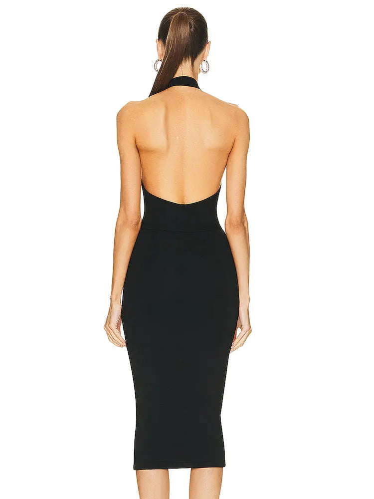 2025 Sexy Women Hanging Neck Sleeveless Bandage Dress Bodycon Off Back Knee Black Dress Celebrity Cocktail Evening Party Vestido