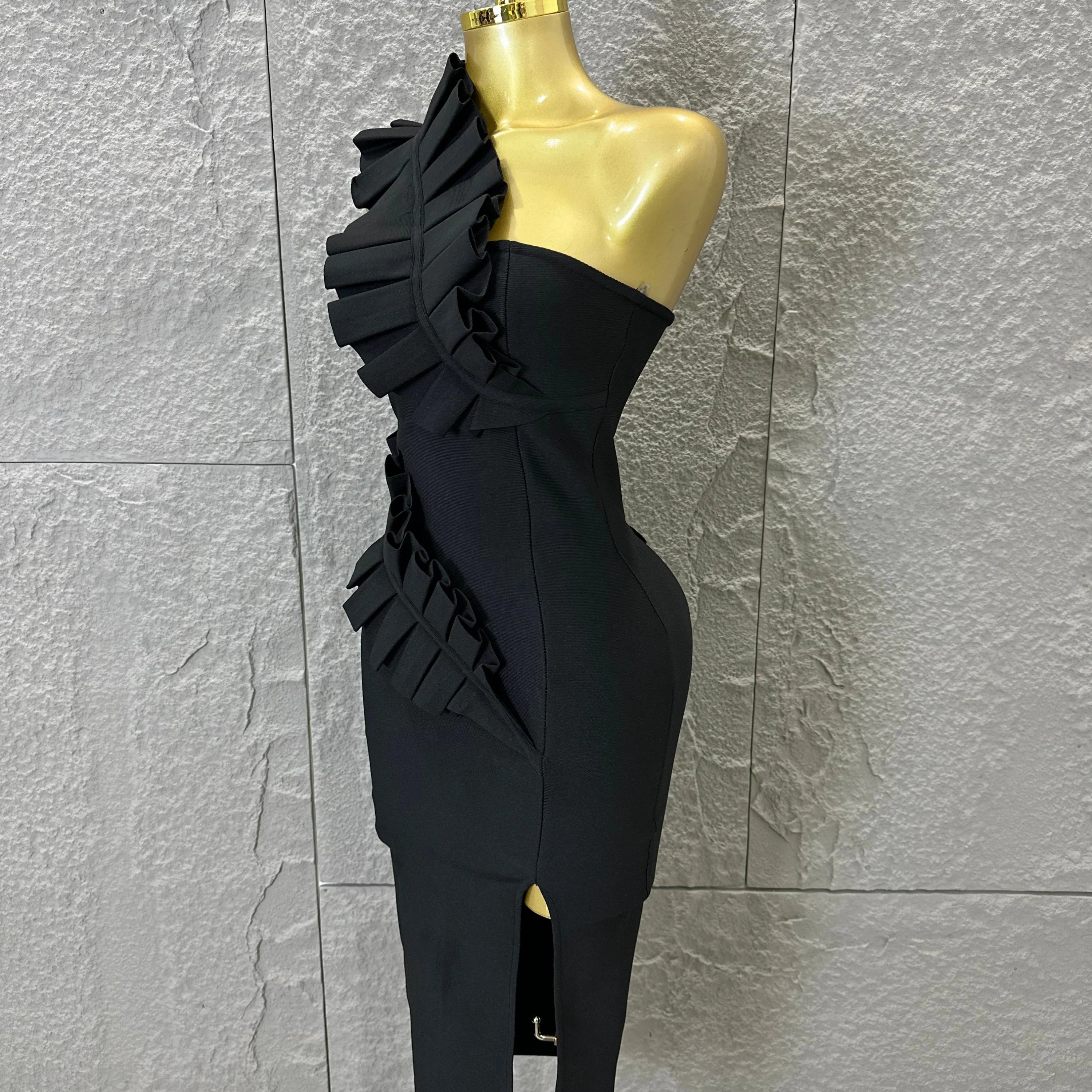 Sexy One-Shoulder Bodycon Midi Dress Women Sexy Ruffle Embellished Waist Cutout High Slit Outfit Evening Gala Party Costume