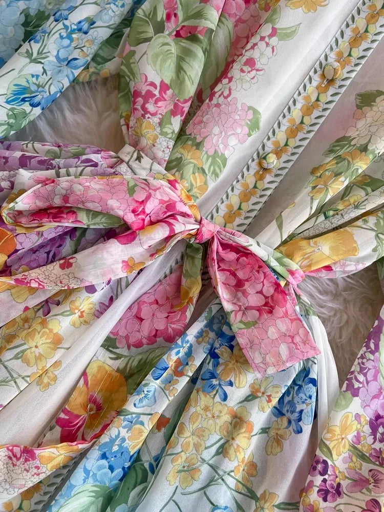 Fashion Bohemain Flower Maxi Dress Women's Stand Long Lantern Sleeve Single Breasted Floral Print Lace Up Loose Boho Robe