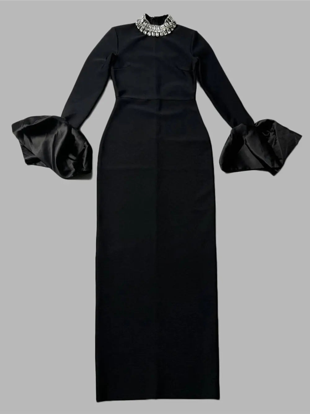 2024 Women's Light Luxury Beaded Elegant Bandage Dress Stand Collar Horn Sleeve Bodycon Long Dresses Evening Club Party Vestidos black