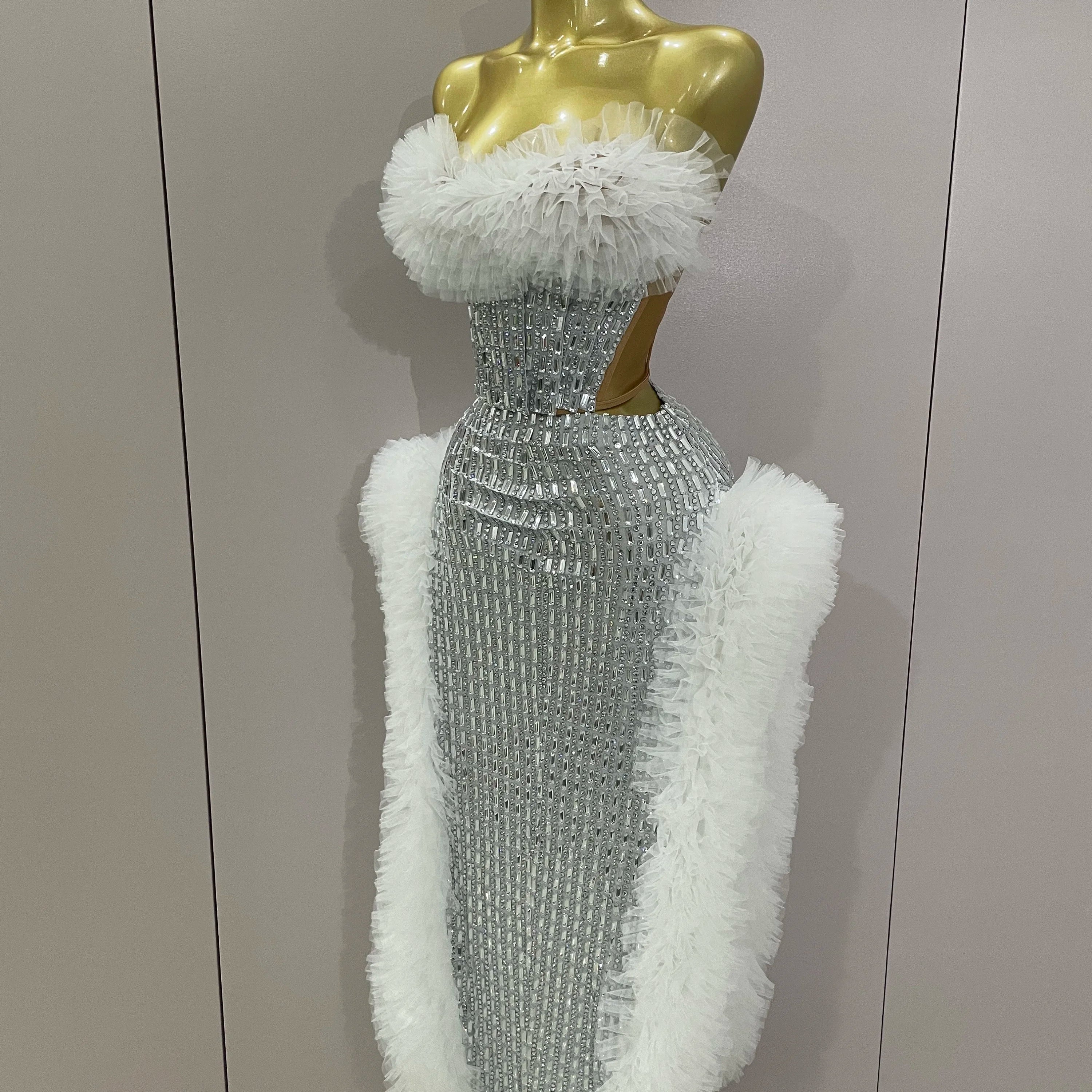 Sparkly Rhinestone Sexy Strapless Tops Skirt 2 PCS Set 2025 Women Celebrate Evening Prom Birthday Dress Nightclub Stage Outfit