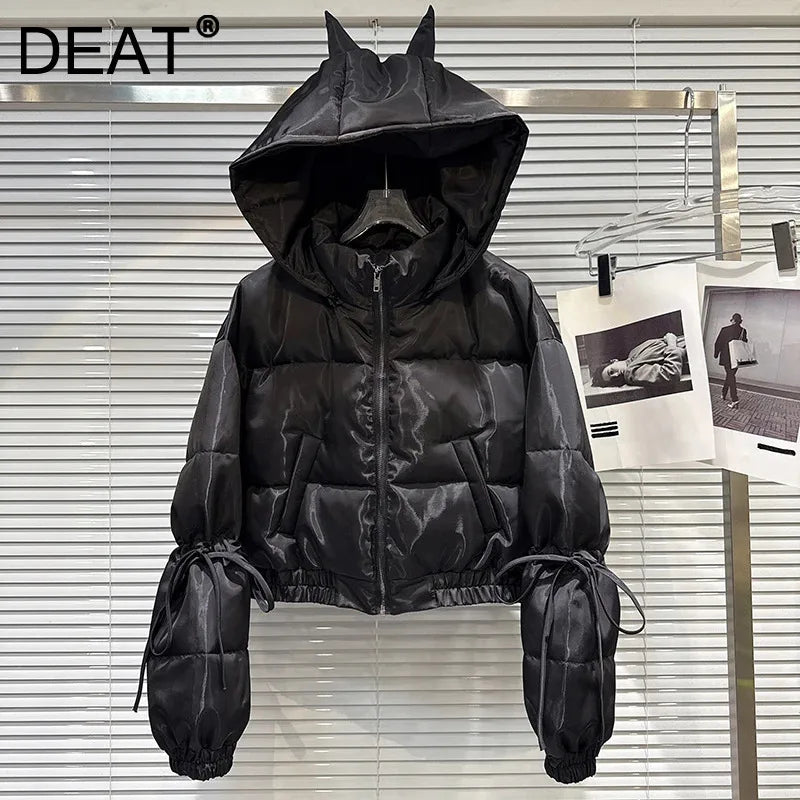 Winter New Street Fashion Solid Color Hooded Warm Jacket For Women Versatile Zipper Cotton-padded Coat Female 11A07489