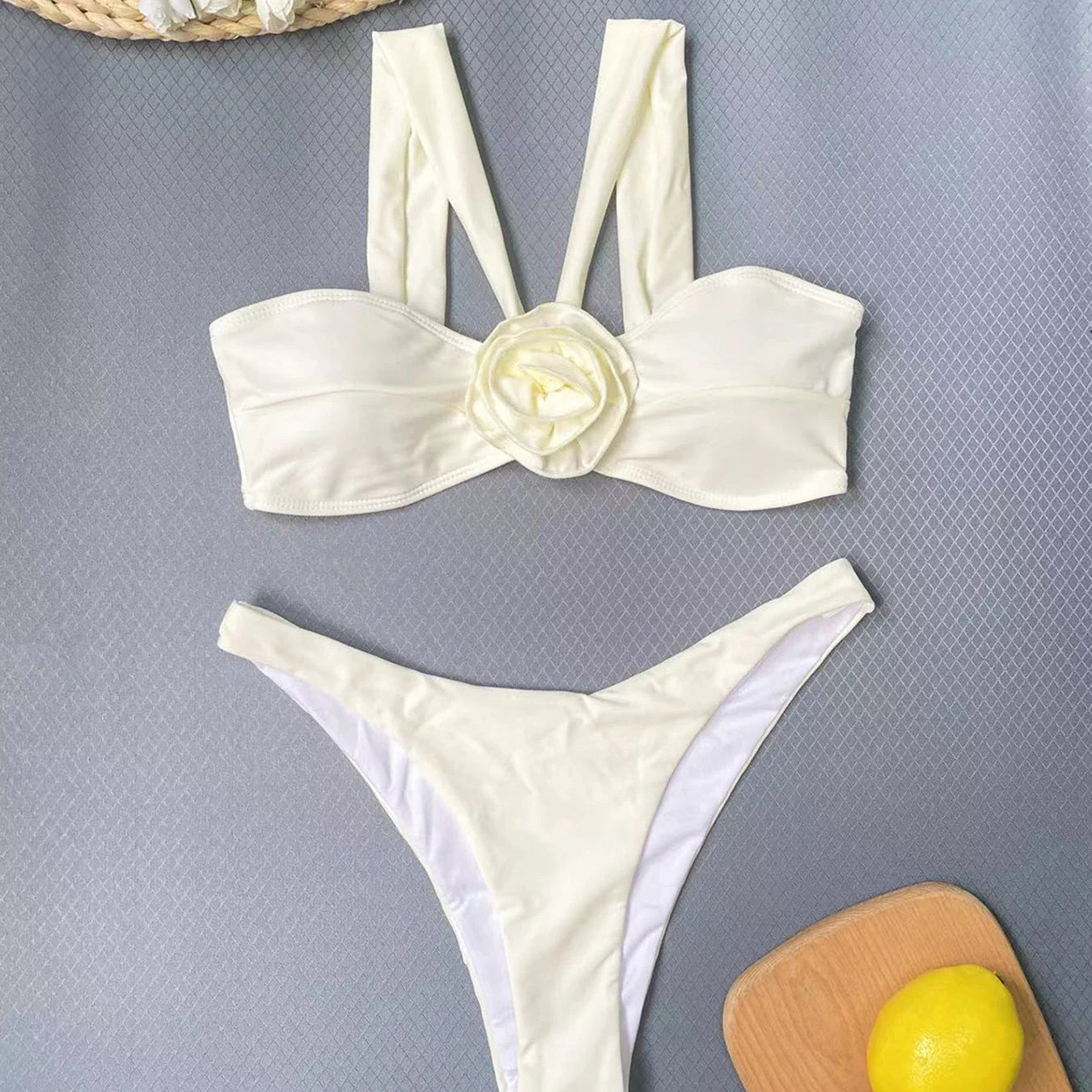 New Sexy Flower Bandeau Three Pieces Bikini Set Swimsuit For Women Bandeau Push Up Swimwear Female Bathing Suit Beach Skirt