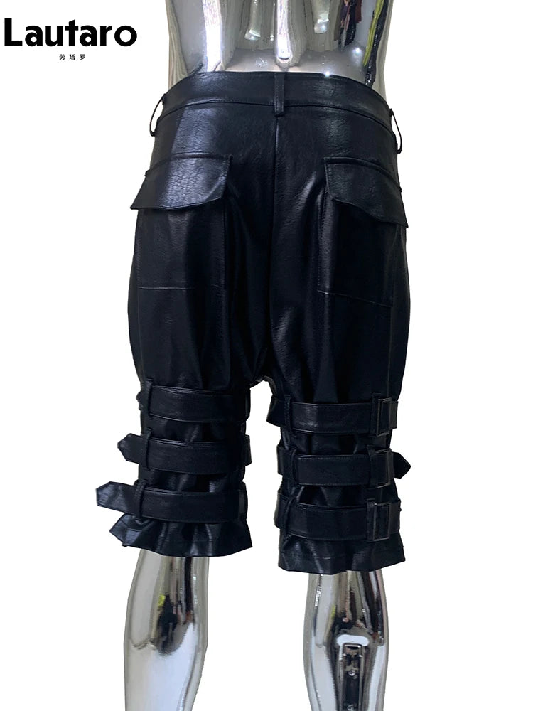 Lautaro Summer Cool Hard Black Pu Leather Shorts for Men with Many Belt High Waist Short Punk Style European Fashion Emo Clothes