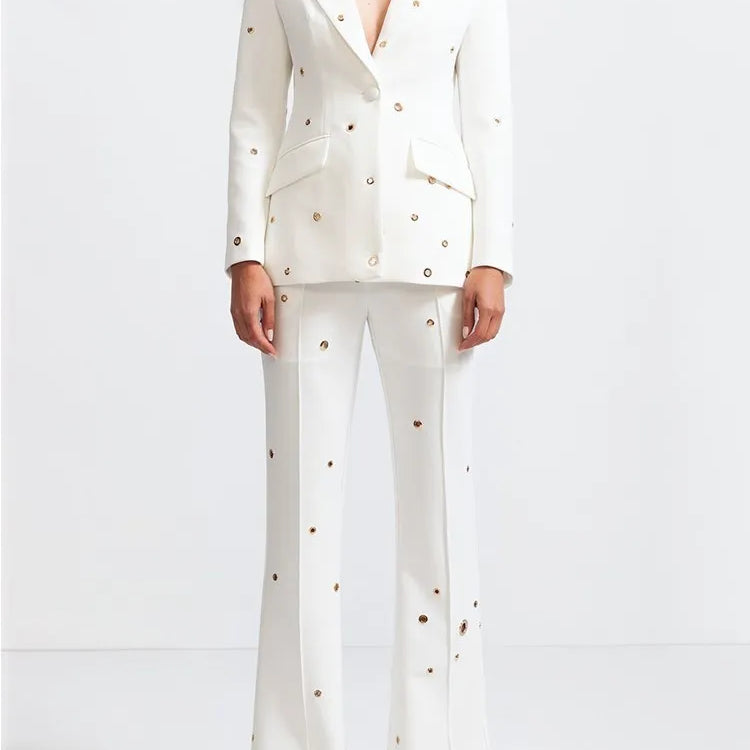 Casual Hollow Out Two Piece Sets For Women Notched Collar Long Sleeve Blazer High Waist Pant Loose Set Female Style