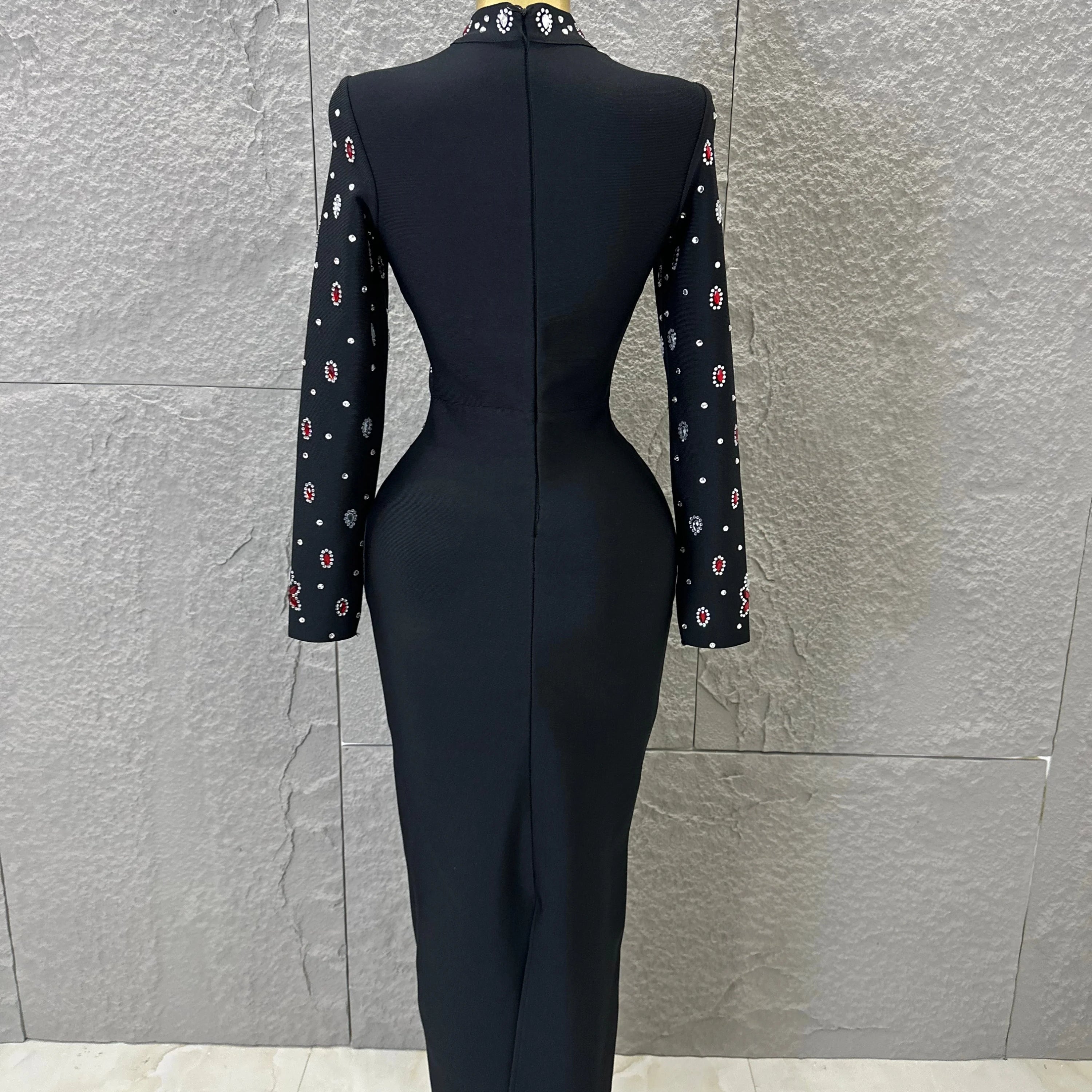 Women Sexy Long Sleeve Crysta  Red Rhinestone Embellished Bodycon Outfit Formal Event Party Elegant Black High Neck Maxi Dress