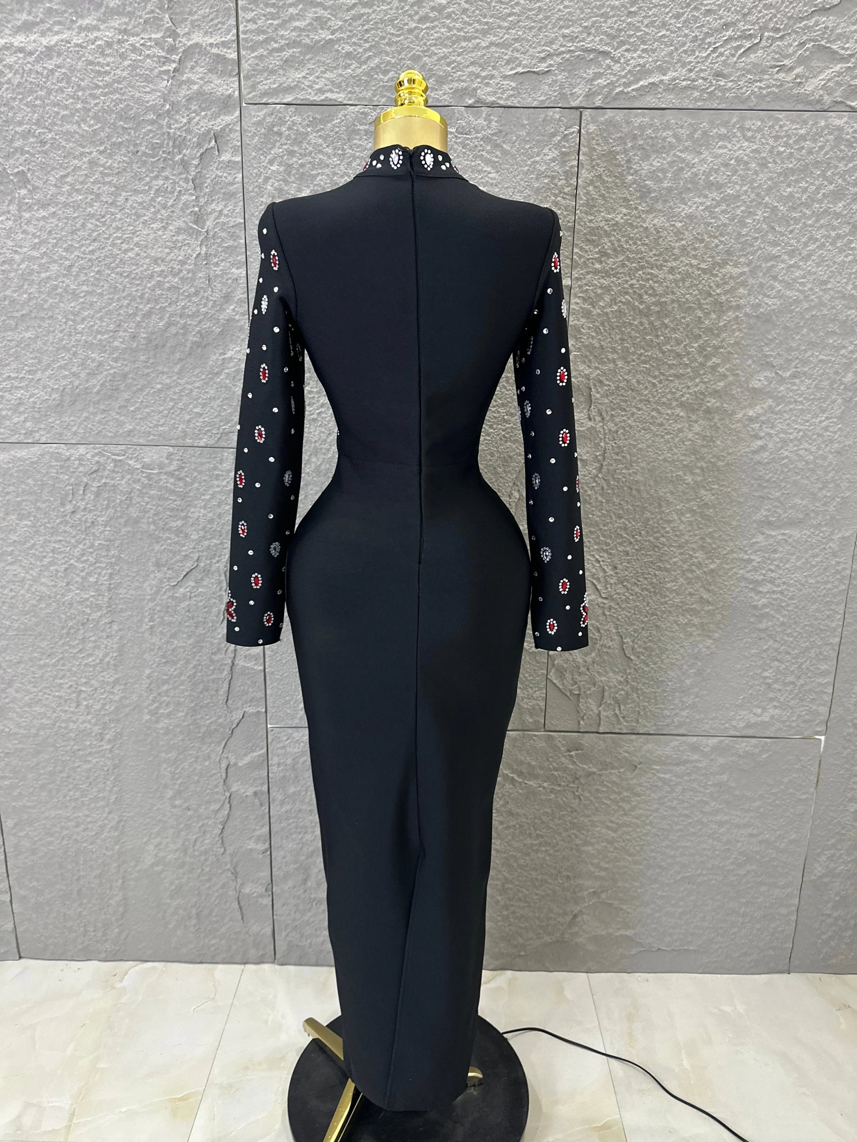 Women Sexy Long Sleeve Crysta  Red Rhinestone Embellished Bodycon Outfit Formal Event Party Elegant Black High Neck Maxi Dress