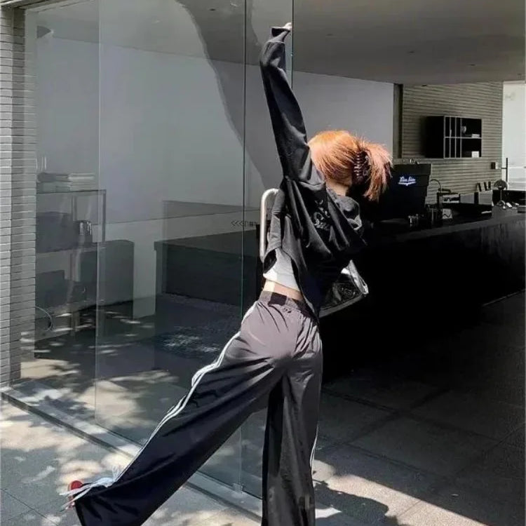 HOUZHOU Black Stripe Women's Sport Sweatpants Wide Oversized Harajuku Casual Joggers Parachute Pants Spring Korean Fashion 2024