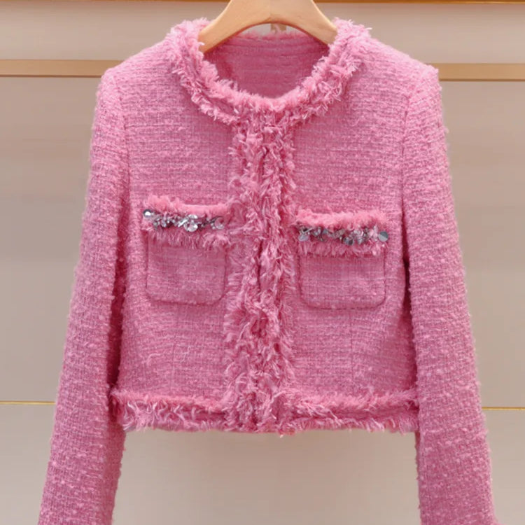 Luxury Style Fashion Diamonds Women's Tweed Woolen Jacket And Skirt Suit Elegant Autumn Winter Office Dress Set 2 Piece Outfits