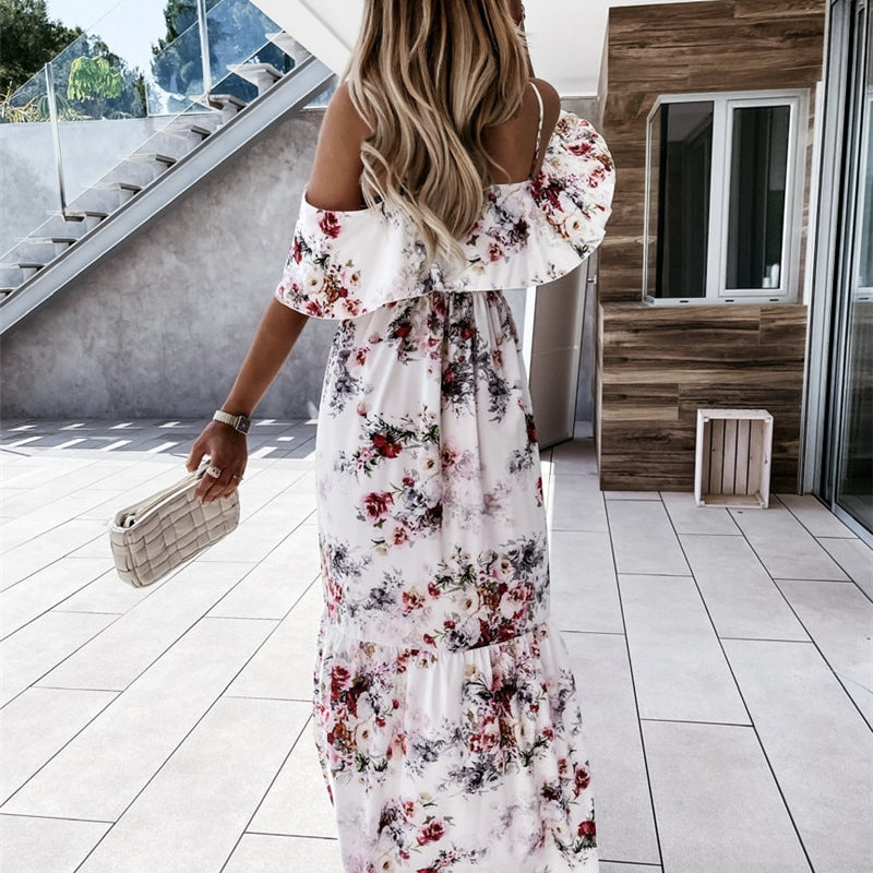Women Boho Floral Cold Shoulder Elegant fashion Maxi Dress Ladies Summer Ankle-Length