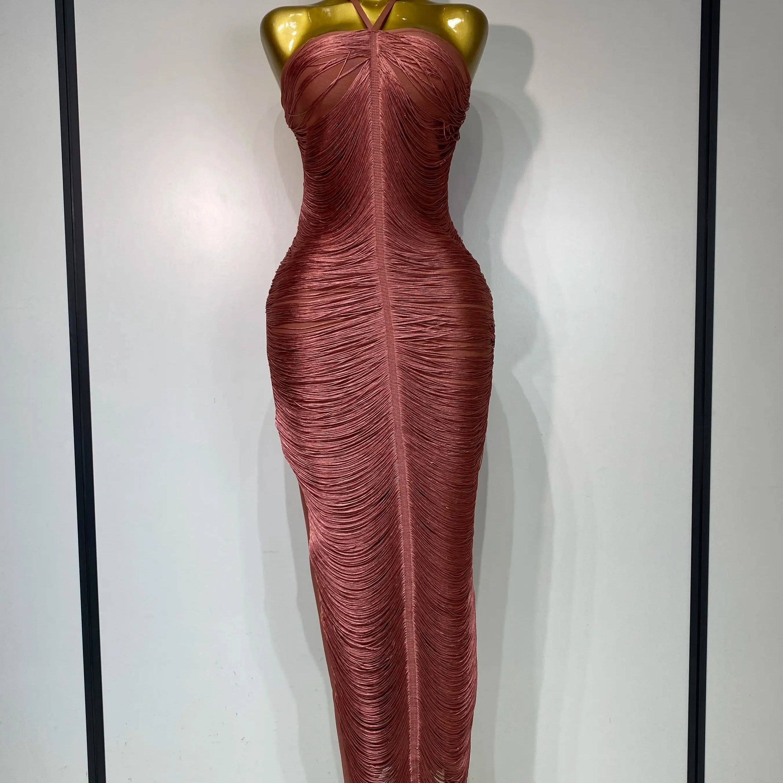 Women Sexy Celebrity Backless Halter Tassel Bodycon Bandage Dress 2025 Elegant Celebirty Evening Party Luxury Birthday Dress Brick red