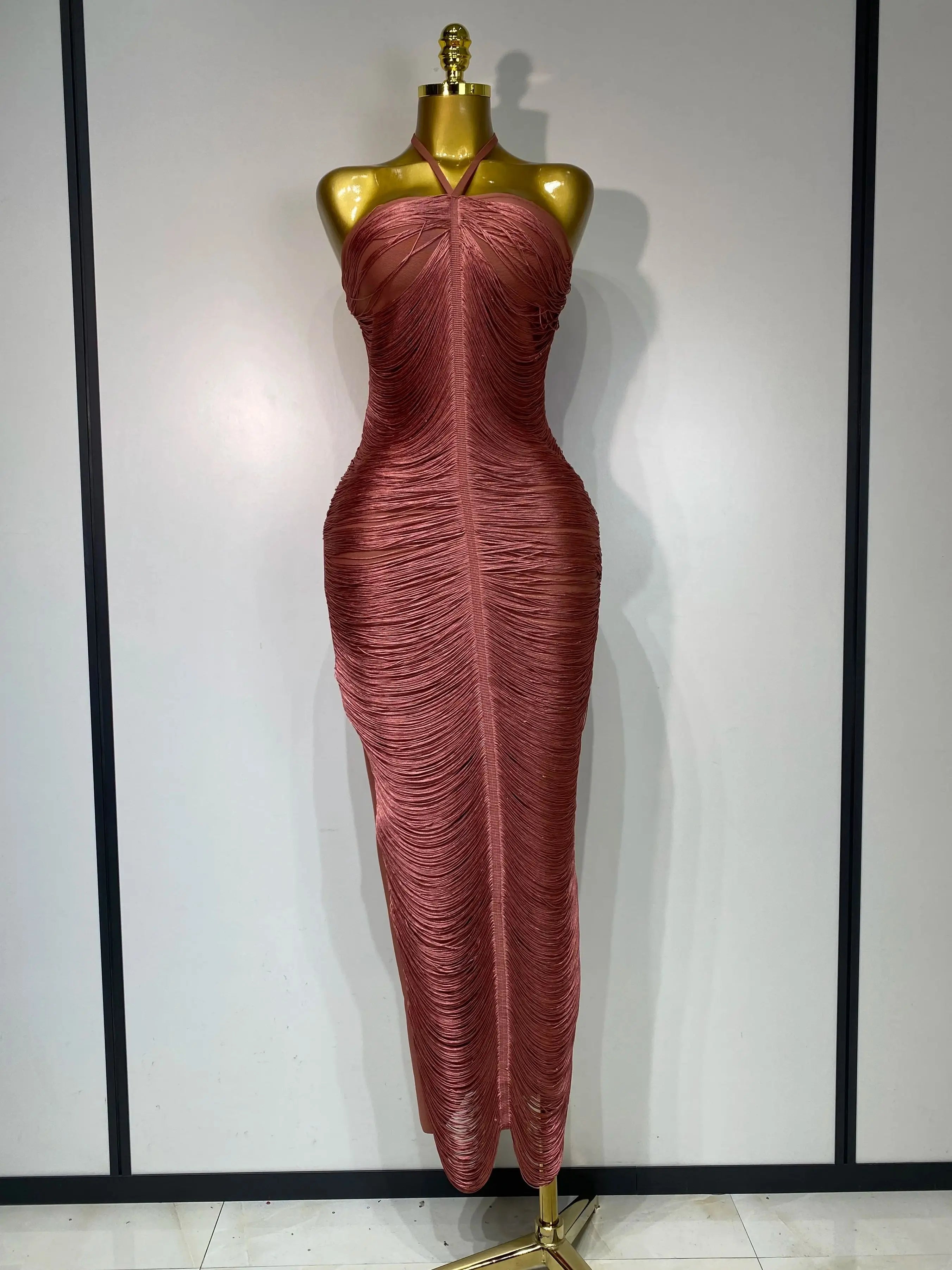 Women Sexy Celebrity Backless Halter Tassel Bodycon Bandage Dress 2025 Elegant Celebirty Evening Party Luxury Birthday Dress Brick red
