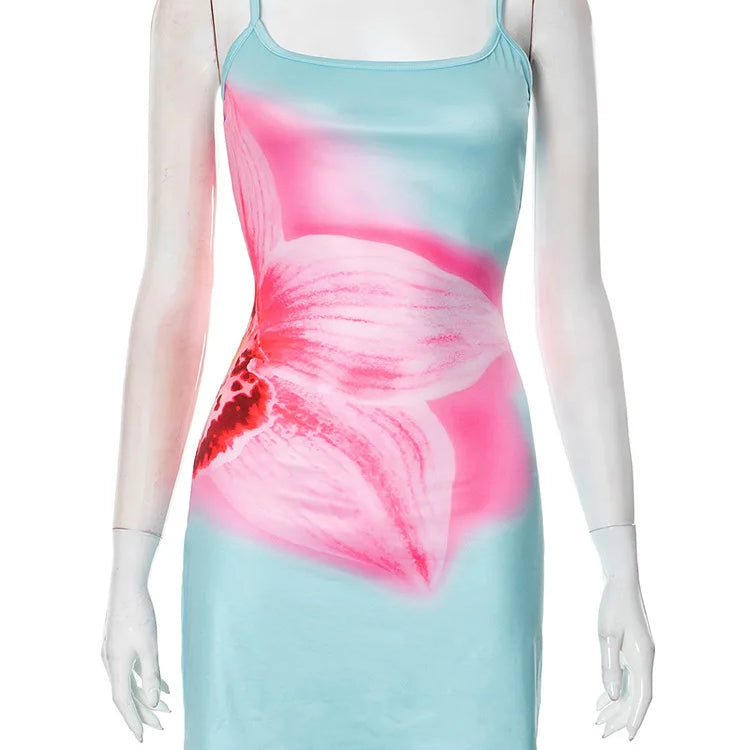 Spaghetti Strap Floral Print Sexy Mini Dress For Women Robe Fashion Elegant Sleeveless Backless Summer Beach Dress Blue
