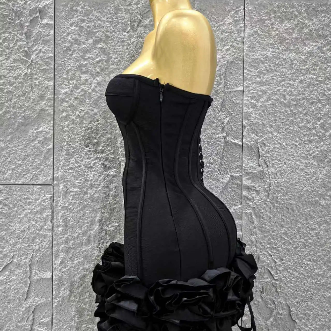 Black Color Women Sexy Strapless Florals Bodycon Mini Ball Gown Bandage Dress Celebrate Nightclub Party Bar Birthday Outfit