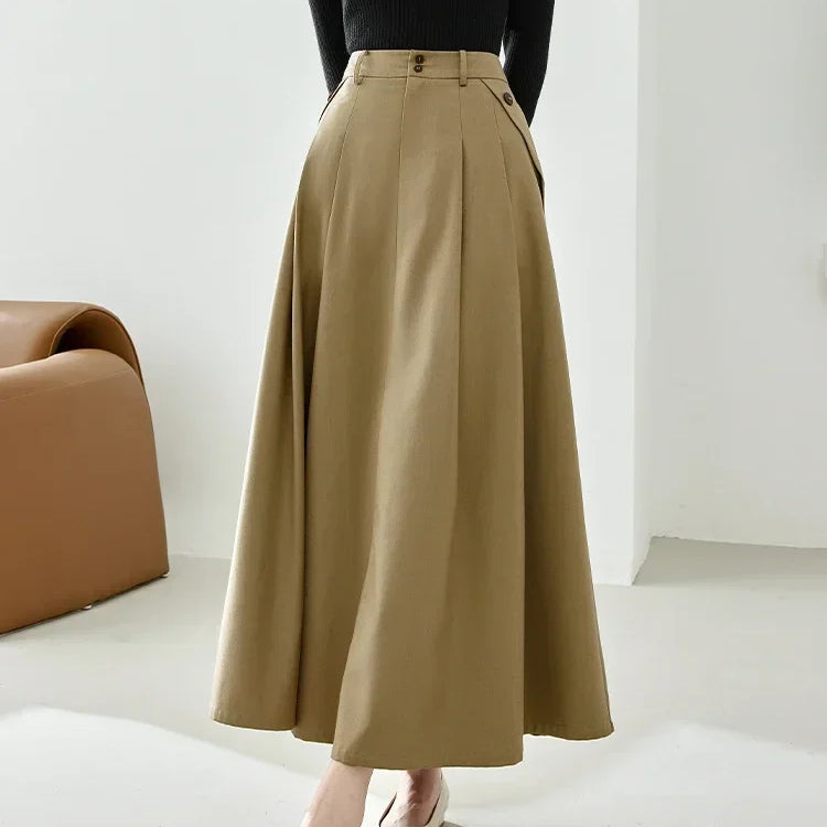 Vimly High Waist Swing Maxi Skirt for Women Spring Solid Elegant Office Lady Khaki A-line Long Skirts Womans Clothing M2689 Khaki