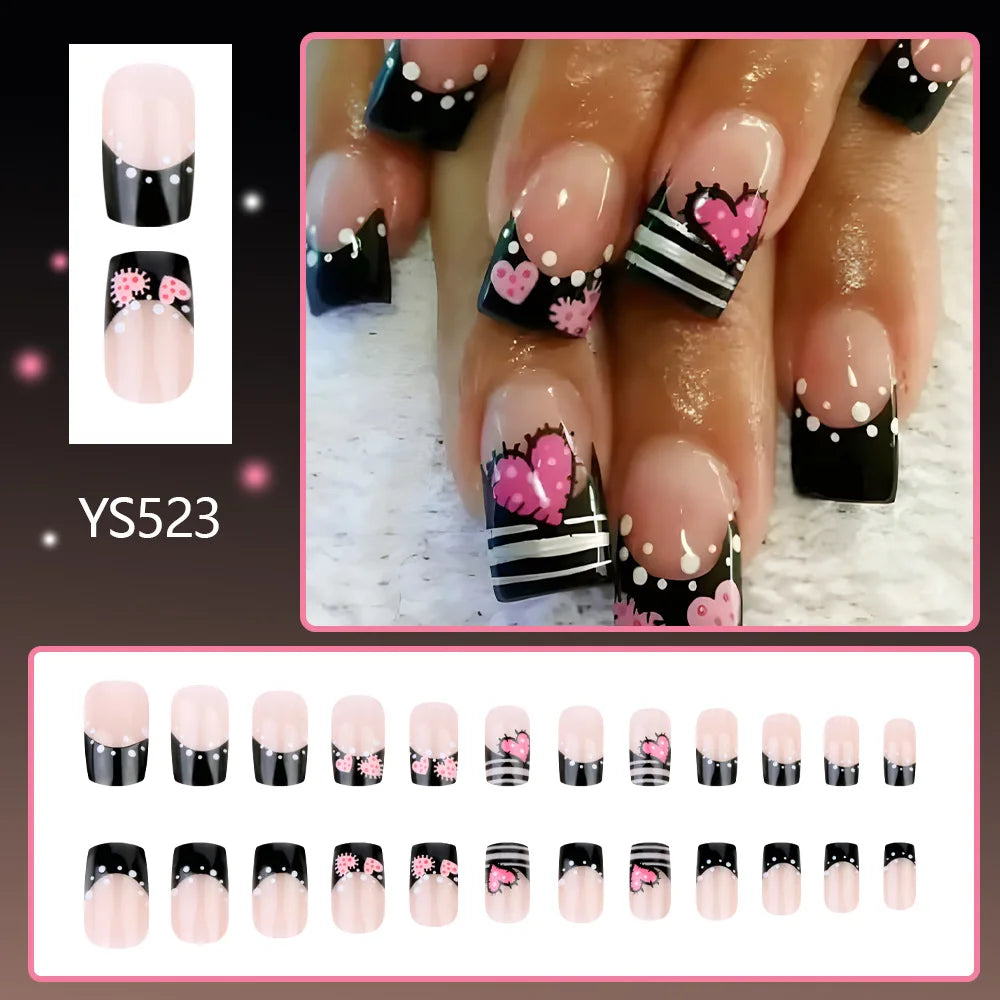 24pcs y2k Black French Press on Nails Short Square Pink Heart Fake Nails Full Cover Wearable Sweet Valentine's Day False Nails 1