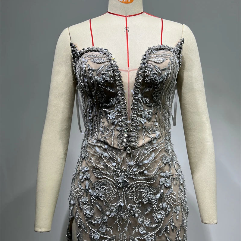 Luxury Diamonds Beading Sexy High Slit V-Neck Strapless Ankle Length Dress Goddess Dress Celebrity Evening Party Outfit