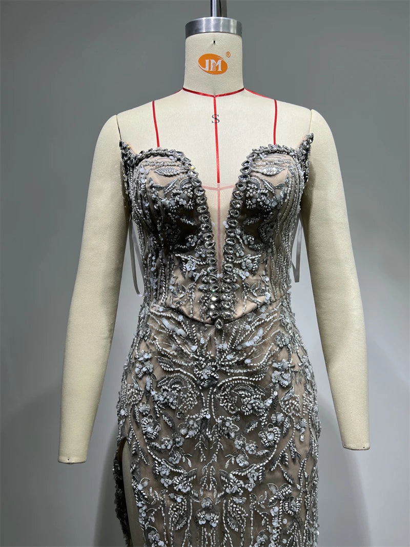 Luxury Diamonds Beading Sexy High Slit V-Neck Strapless Ankle Length Dress Goddess Dress Celebrity Evening Party Outfit
