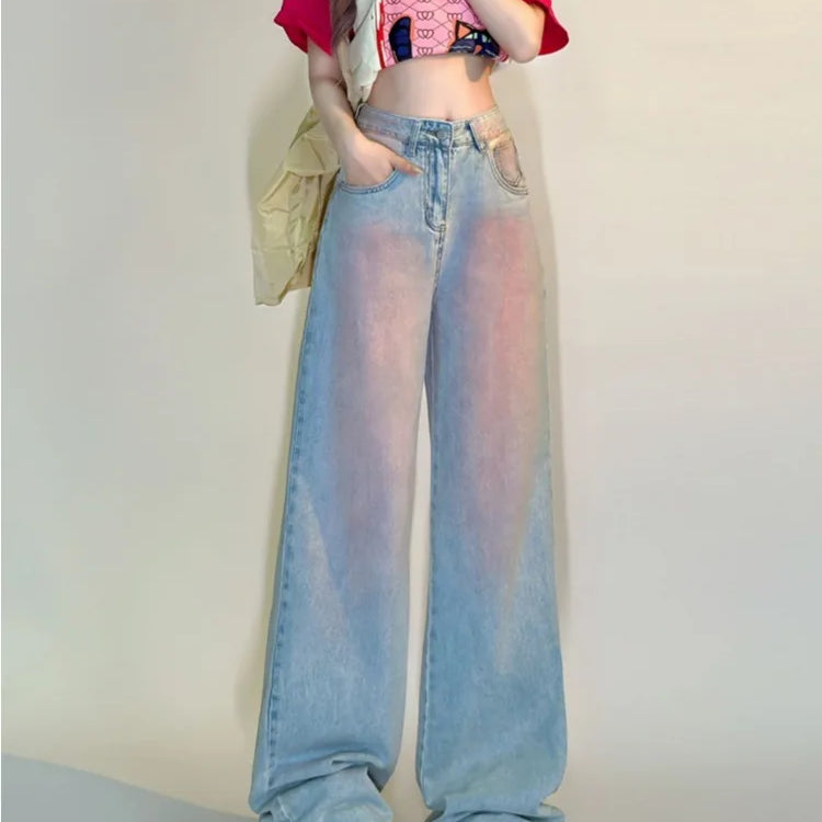 Korean Women's Wide Leg Baggy Y2K 2000s Denim Trouser Fashion Sweet Casual High Waist Pants High Street Blue Straight Jeans