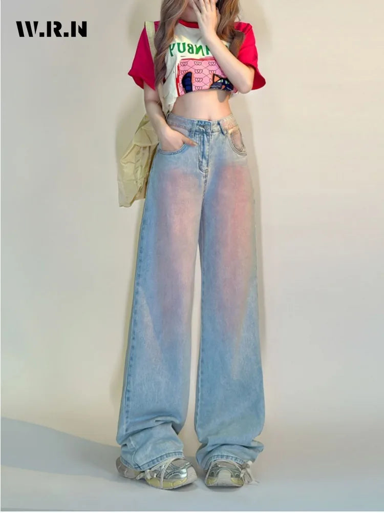 Korean Women's Wide Leg Baggy Y2K 2000s Denim Trouser Fashion Sweet Casual High Waist Pants High Street Blue Straight Jeans