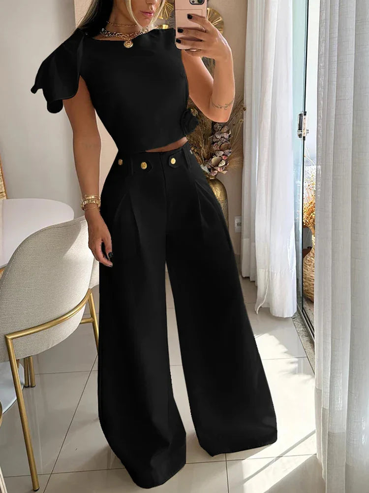 Drauuing 2 Pieces Sets Women Sleeveless Tee And Wide Leg Pant Outfits Casual Summer 2 Pieces Pant Sets Casual Suits Women black
