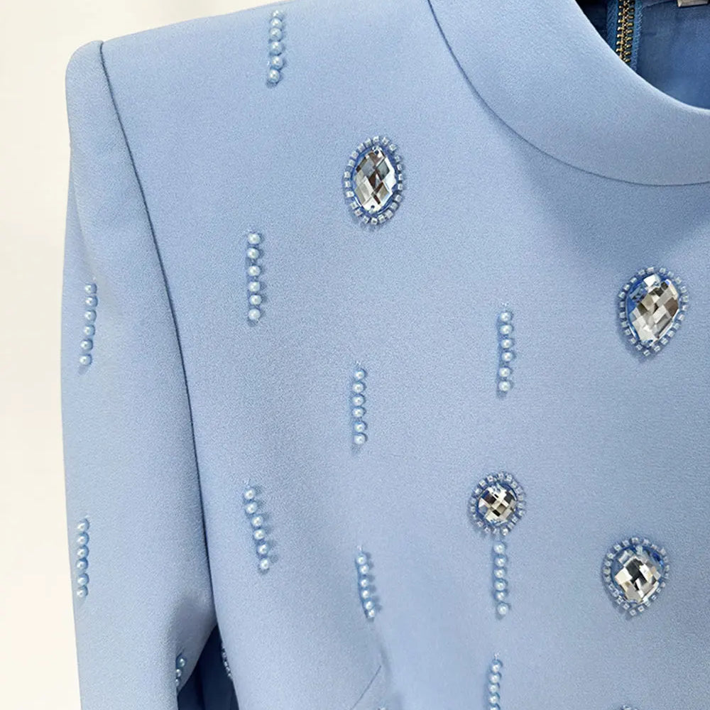 2025 Autumn Elegant Women's Nail Pearl Water Diamond Blue Skirt Sets O-neck Long Sleeve Hoodie Top+Mini Skirt Two Piece Set