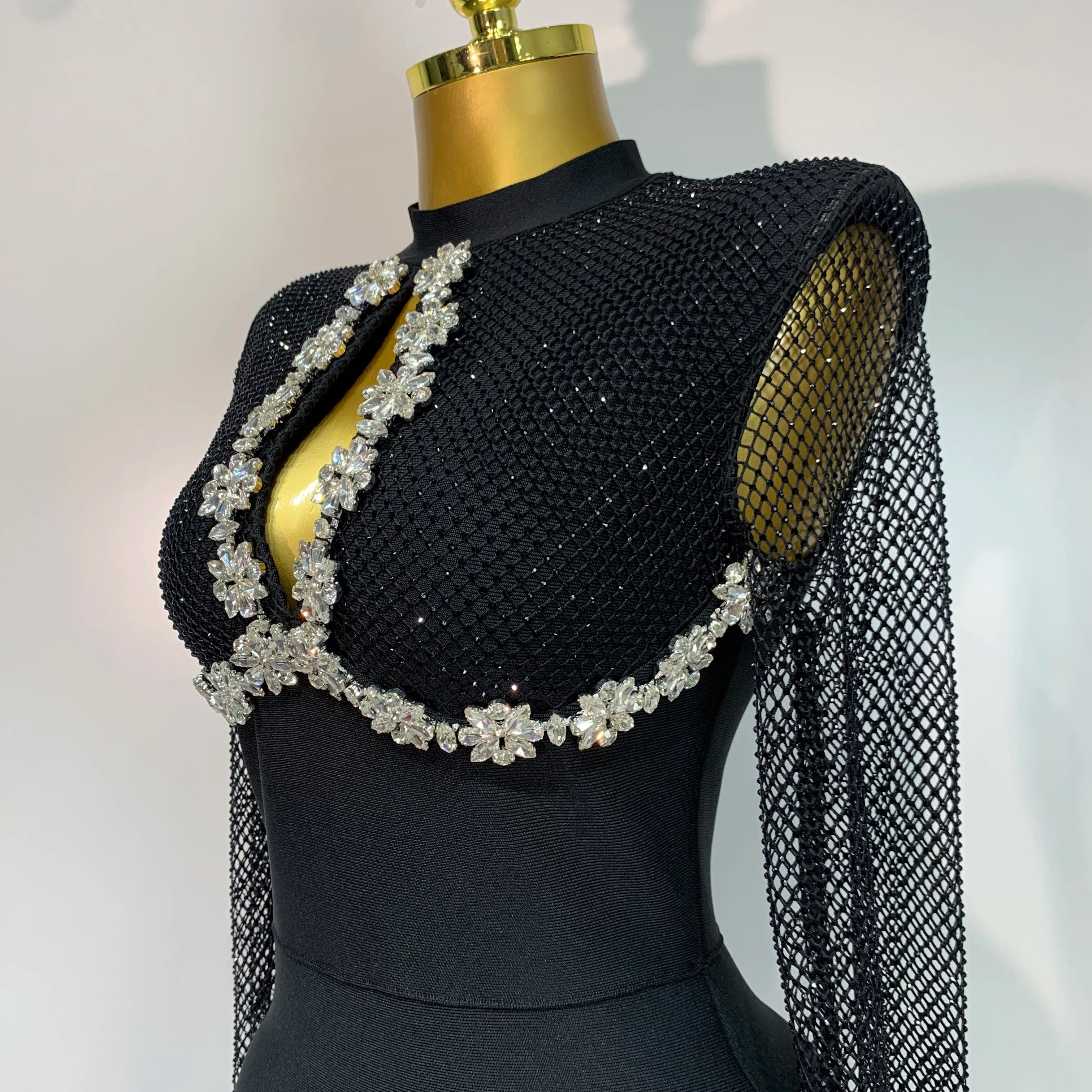 Women Sexy Long Sleeve Beading Black Maxi Long Bandage Dresses Birthday Party Celebrity Elegant Knitted Bodycon Club Dress