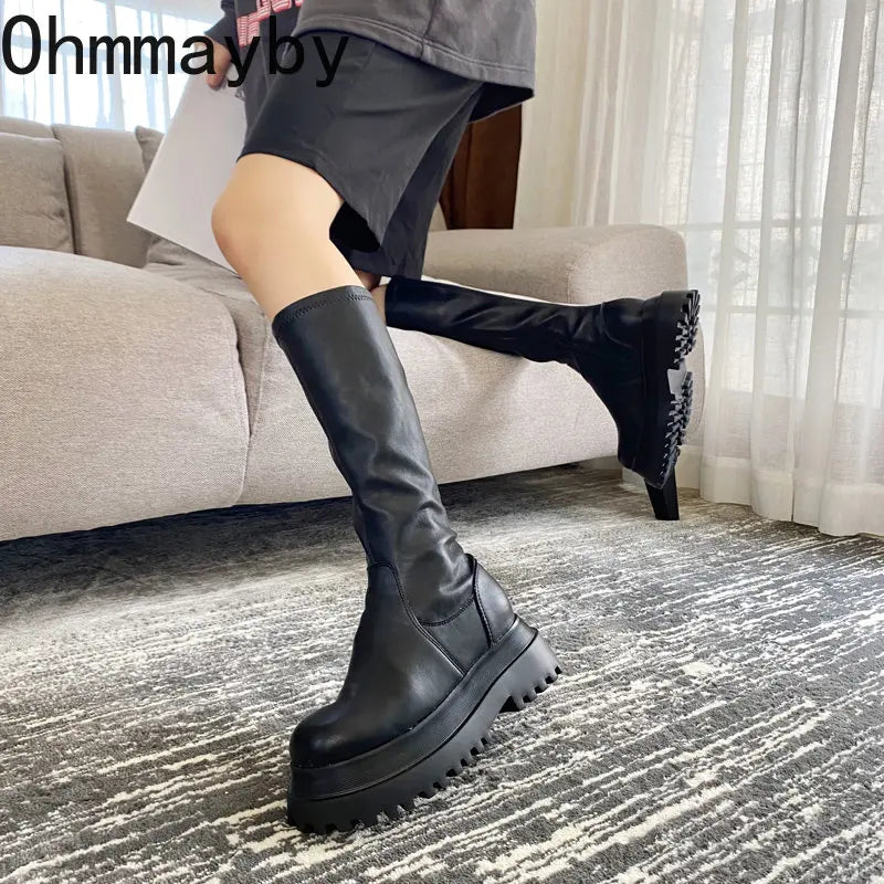 Winter Chunky Platform Heels Long Boots Round Toe Zipper Thick Sole Ladies Fashion Winter Women's Knee High Boots