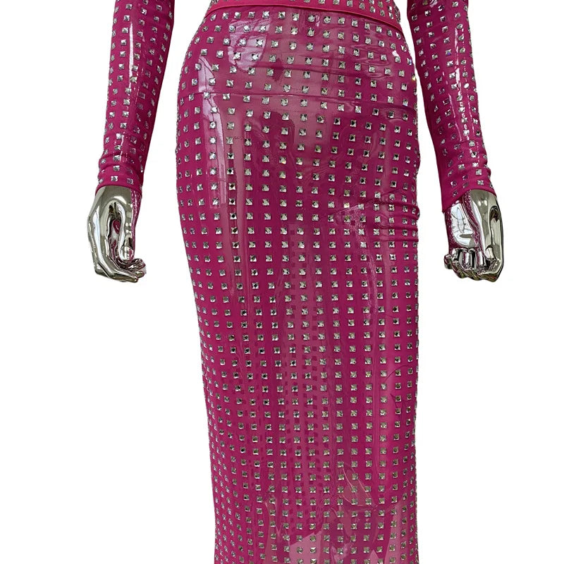 STOCK Sparkling square Diamonds Sexy Mesh See Through Top And Skirt Woman Fashion Set High Street Wear Evening Party Outfit Rose Red Skirt