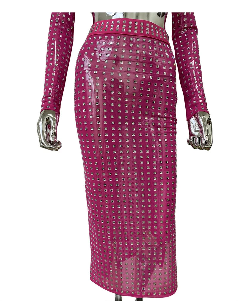 STOCK Sparkling square Diamonds Sexy Mesh See Through Top And Skirt Woman Fashion Set High Street Wear Evening Party Outfit Rose Red Skirt