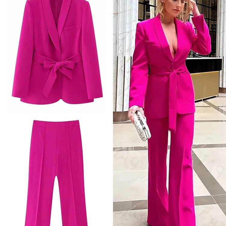 TRAFZA Women's Casual Blazer Chic Outerwear Elegant Flared Trousers Long Sleeve V-Neck Belted Office Commuter Suit Set