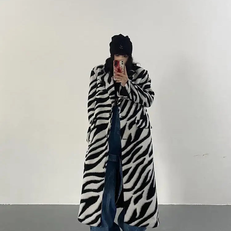 Women Wool Coat Temperament Zebra Pattern Full Sleeve Winter Jacket All Match Outwear Loose Long Overcoat Autum