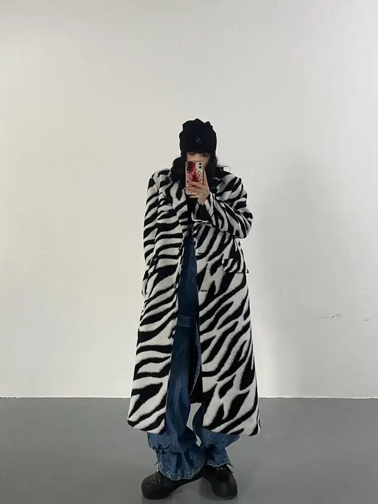 Women Wool Coat Temperament Zebra Pattern Full Sleeve Winter Jacket All Match Outwear Loose Long Overcoat Autum