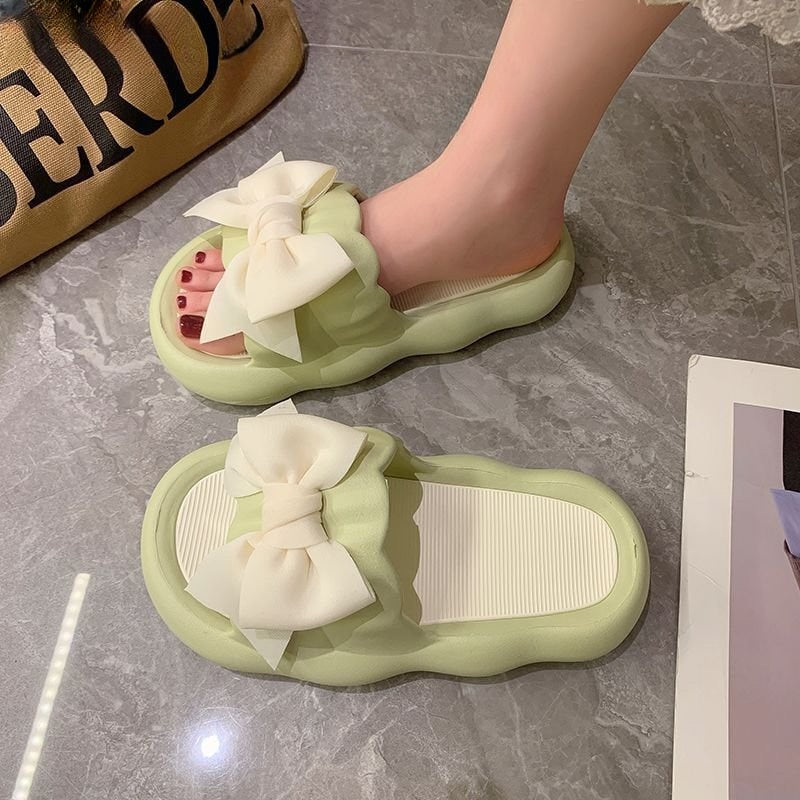 Slipper Women Men Summer Thick Bow Tie Slippers Women Indoor Home Sandals Couples Bathroom Slides Non-slip Soft House Slippers