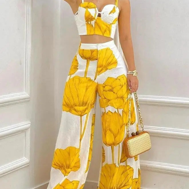 Two Piece Sets Womens Outifits Spring Fashion Plants Print Sleeveless Crop Cami Top & Casual Wide Leg Vacation Pants Set