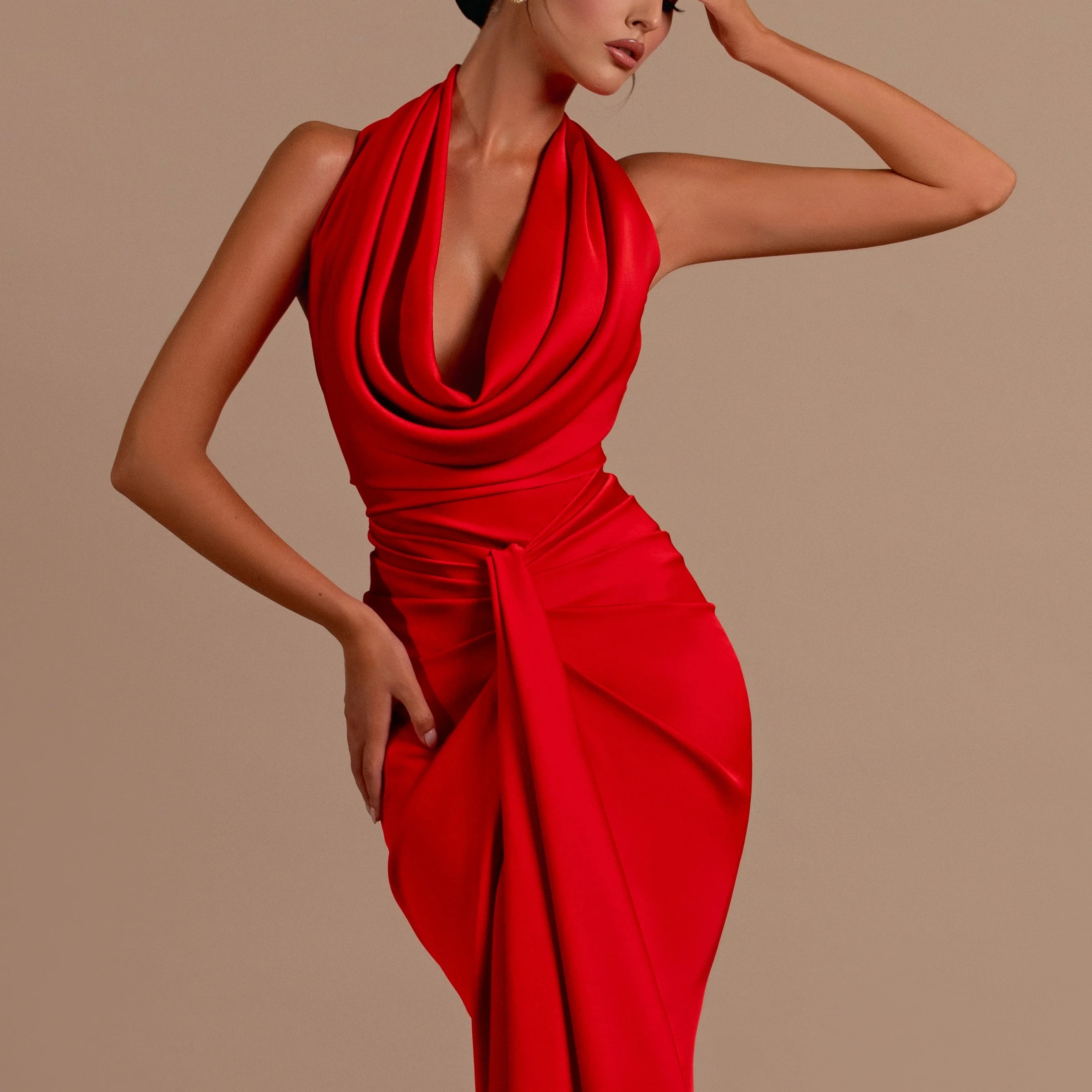Red Color Women Sexy Off the Shoulder Backless Satin Long Maxi Dress Wedding Party Mermaid Celebrate Dress Wholesale