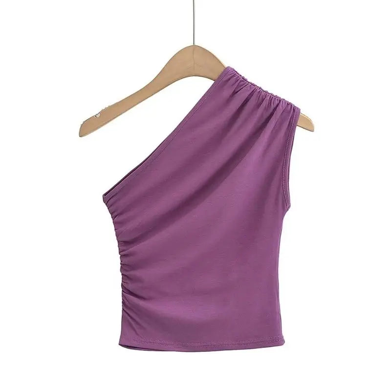 Wrinkle Sloping Shoulder Camisole Vest Women Clothes One-Shoulder Sleeveless Crop Top Skinny Sexy Solid All-matc One Shoulder