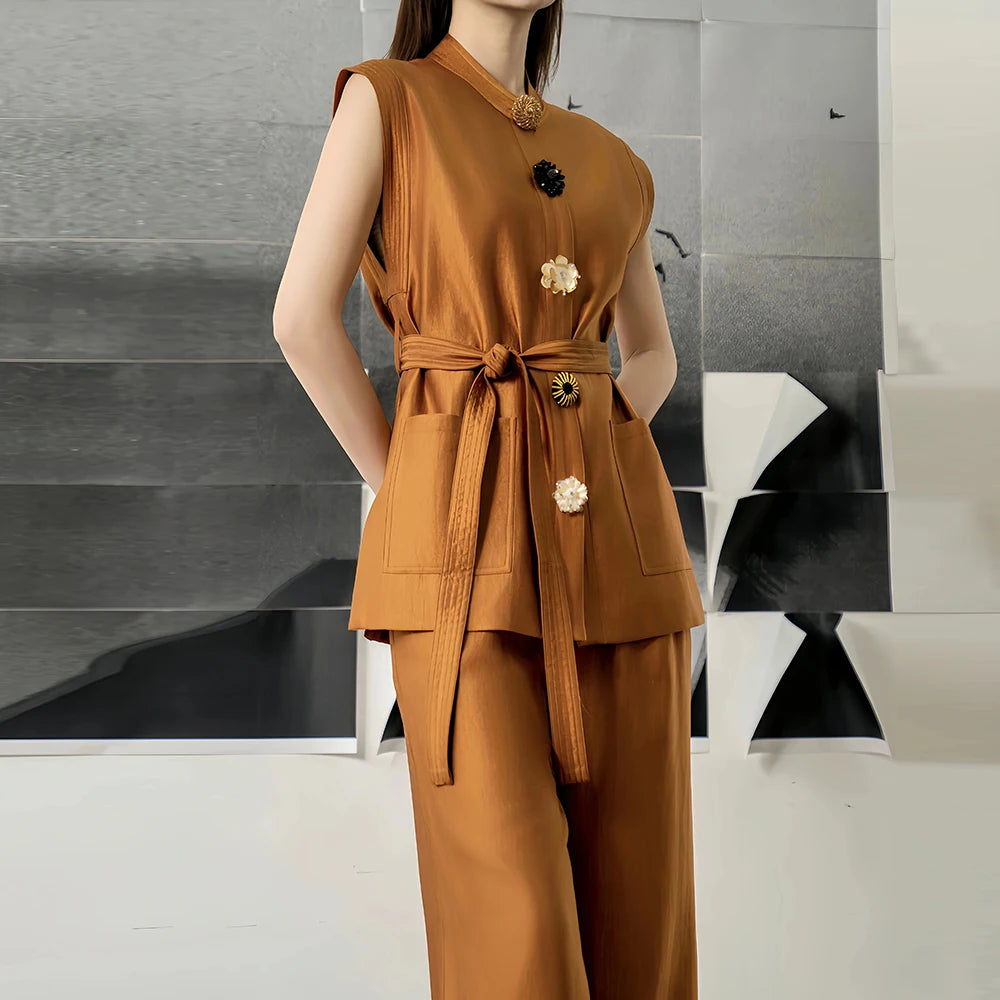 Fashion Two Piece Sets for Women Round Neck Sleeveless Spliced Irregular Button Top High Waist Pant Set Female New KHAKI