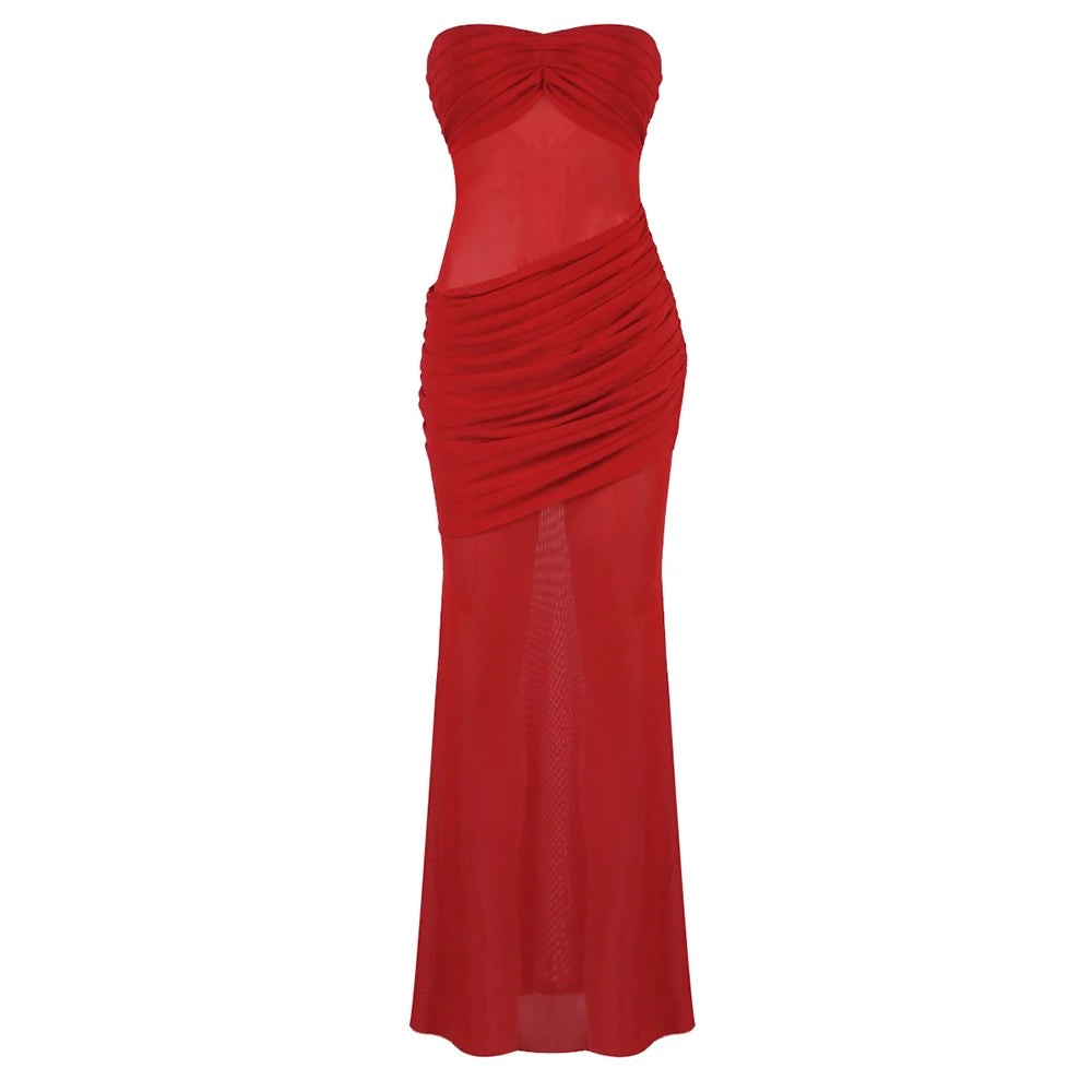 Sultry Red Sheer Mesh Strapless Backless Sleeveless Mermaid Dress Gown with Ruched Detail for Party Red