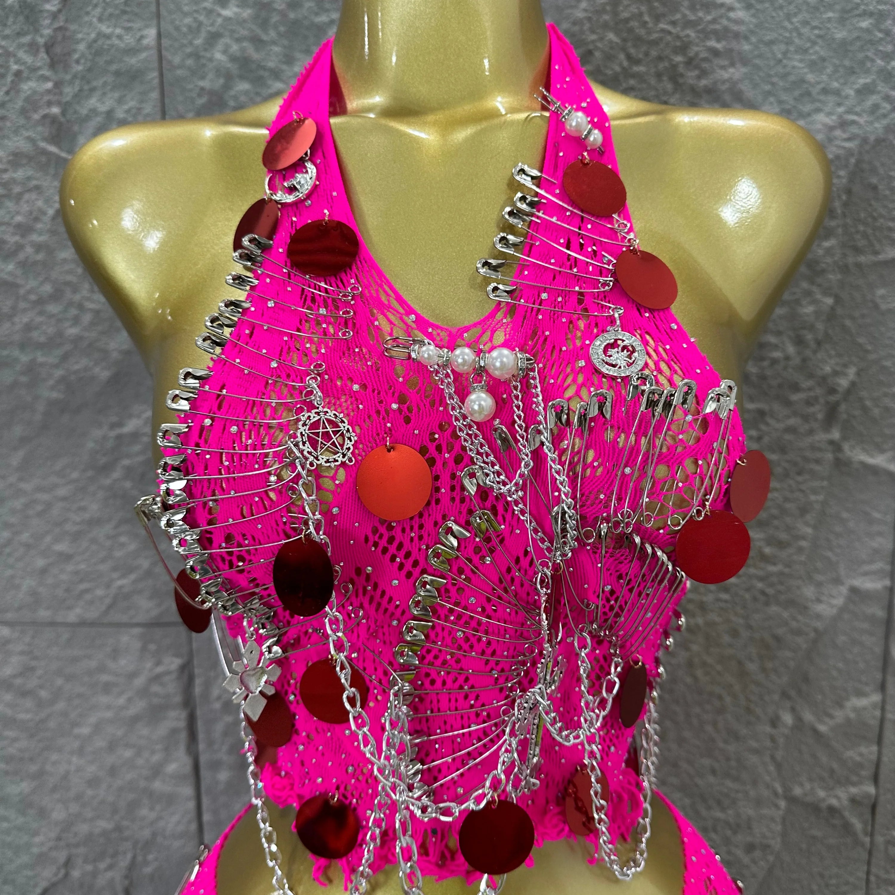 Women Sexy Safety Pin Lace Two Piece Set Halter Neck Sequin Embellished Crop Top & Mini Skirt Outfit Stage Performance Costume