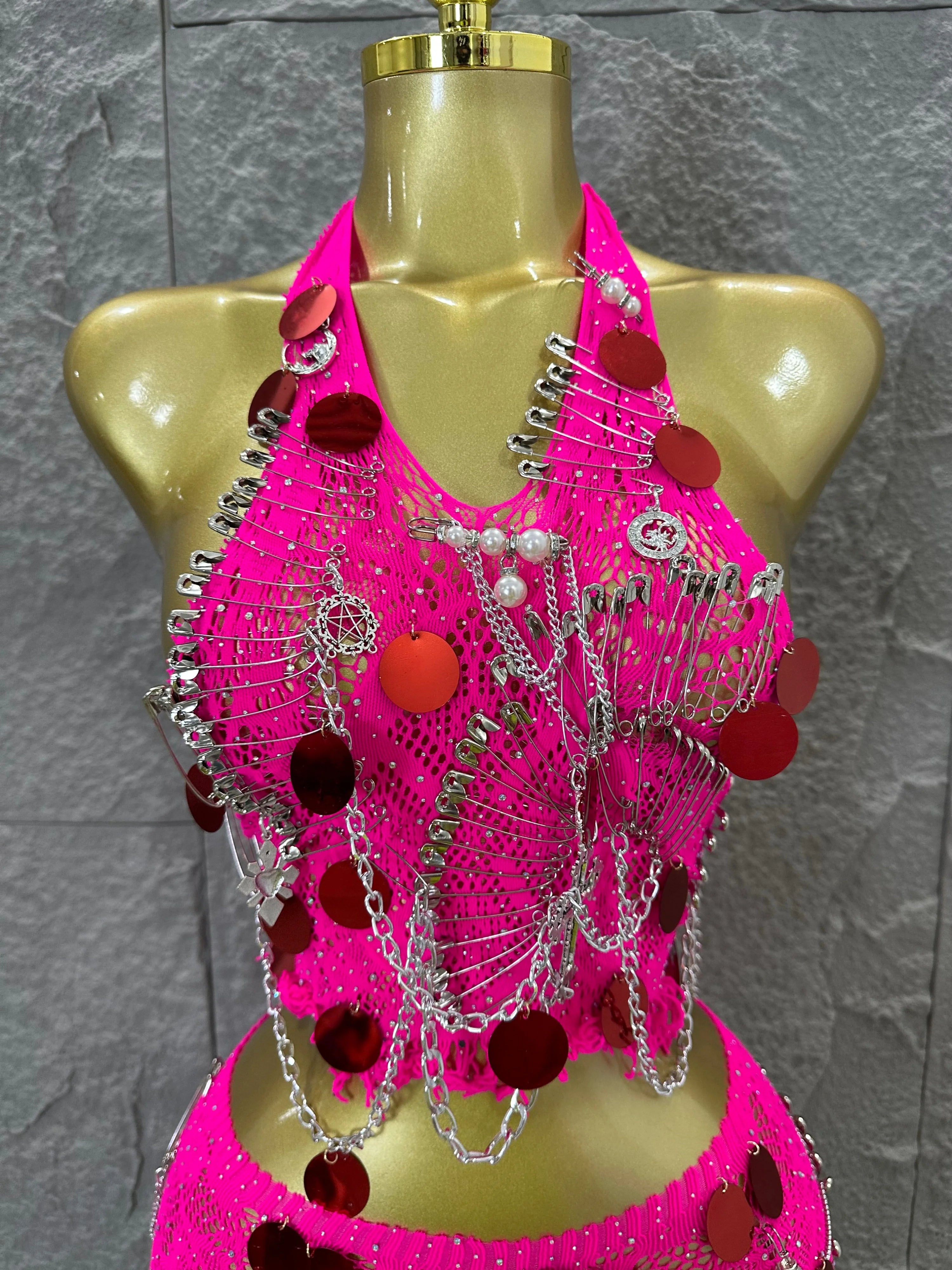 Women Sexy Safety Pin Lace Two Piece Set Halter Neck Sequin Embellished Crop Top & Mini Skirt Outfit Stage Performance Costume