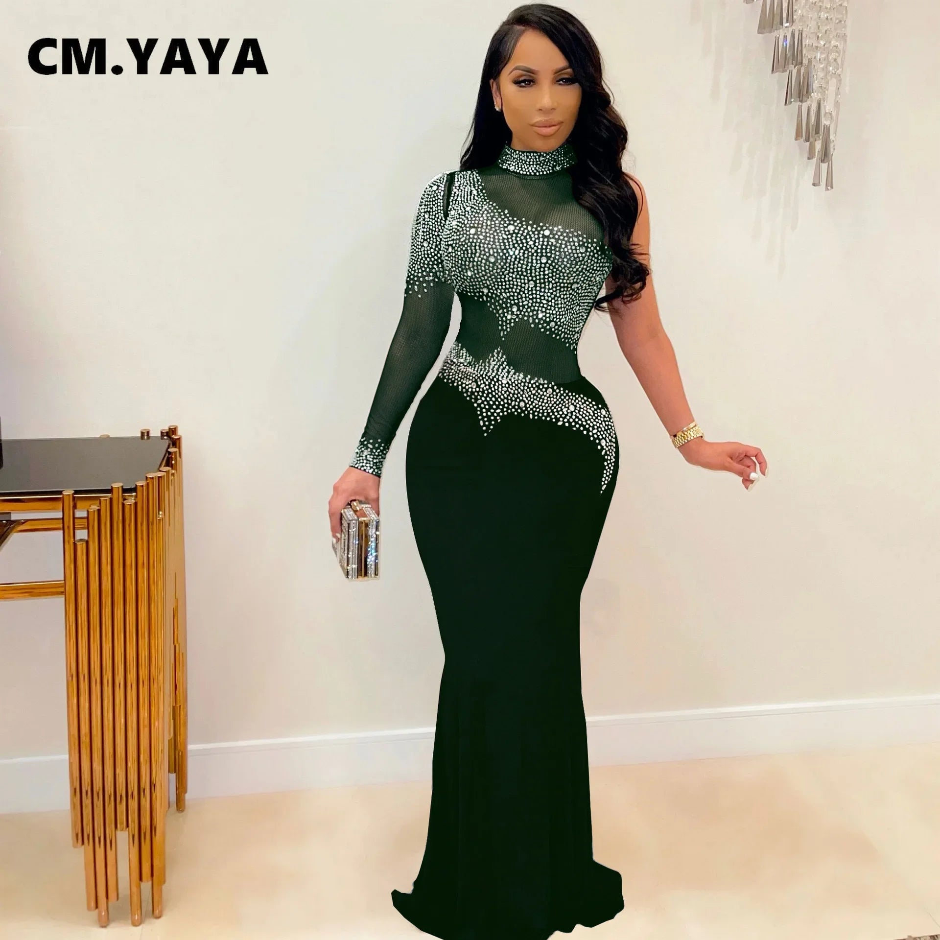 Women Diamonds Hot Rhinestones Bodycon Midi Maxi Mermaid Dress Elegant Sexy Party Club One Long Sleeve Long Dresses green